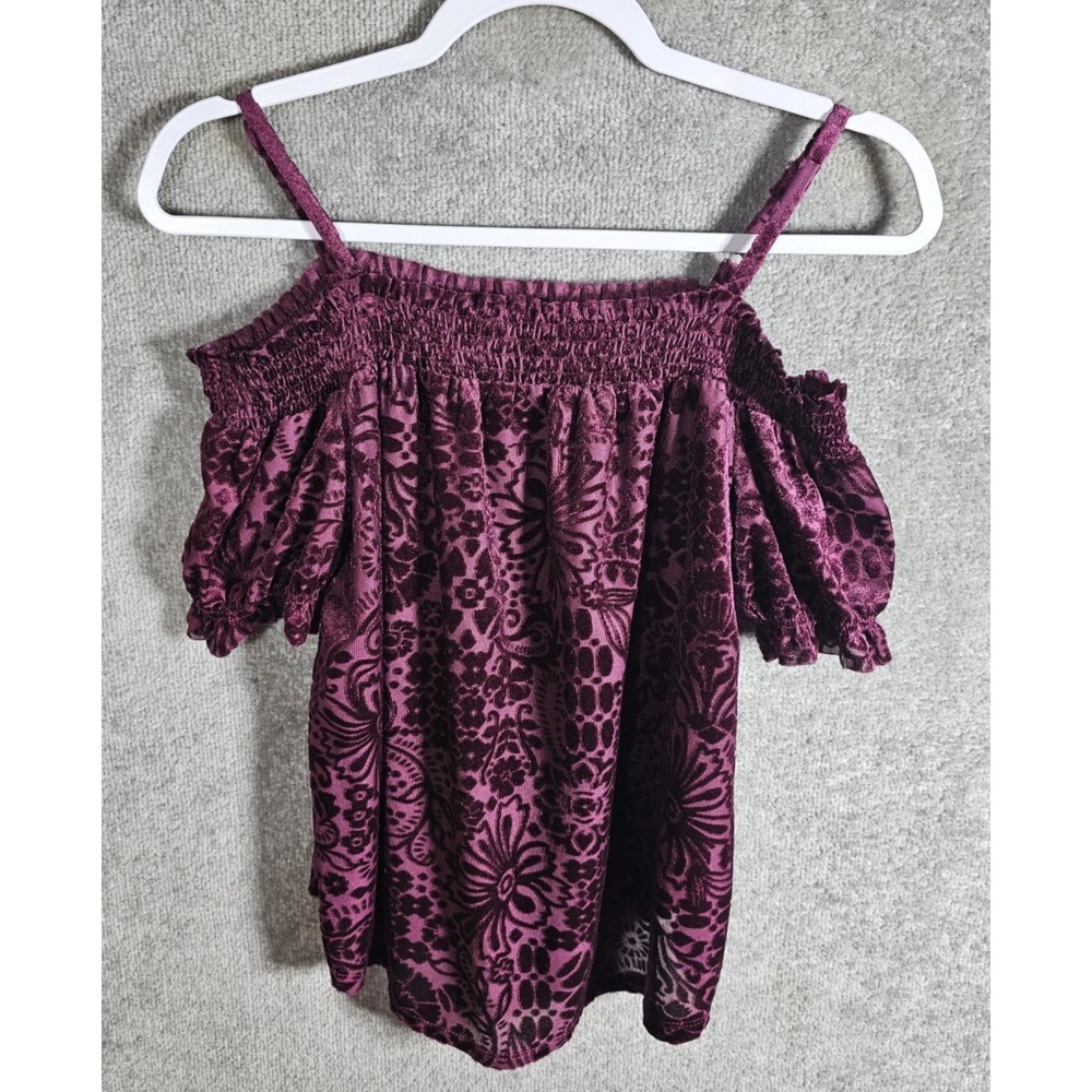 A Byer Velvet Burnout Top Womens Size Small Burgundy Wine Smocked Cold Shoulder